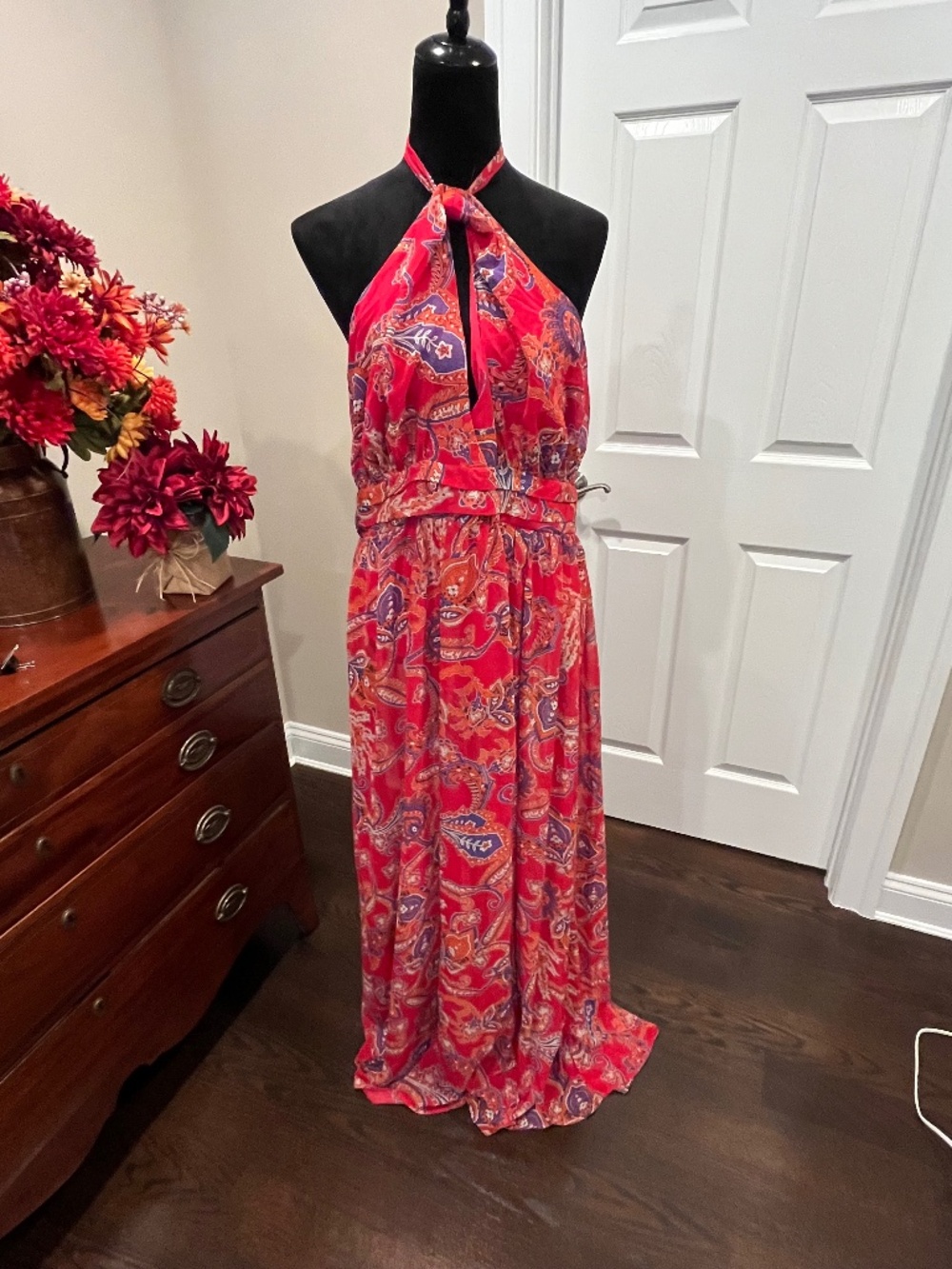 NWT Fashion to Figure Red Paisley Keyhole Front Slit Halter Maxi Dress 12